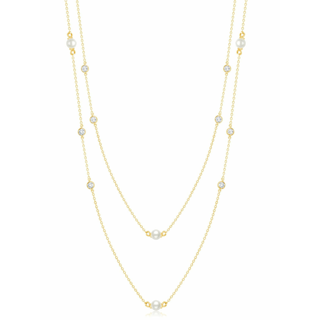 CRISLU Genuine Pearl 36" Multi Station Necklace with Bezel Set Cubic Zirconia In 18k Gold Finish - ICE