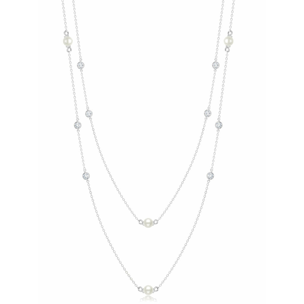 CRISLU Genuine Pearl 36" Multi Station Necklace with Bezel Set Cubic Zirconia In Pure Platinum - ICE