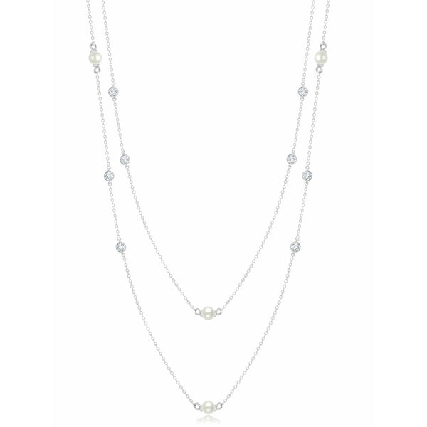 CRISLU Genuine Pearl 36" Multi Station Necklace with Bezel Set Cubic Zirconia In Pure Platinum - ICE