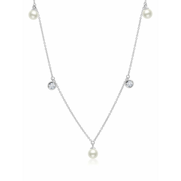 CRISLU Genuine Pearl 5 drop Necklace accented with Bezel Set Cubic Zirconia In Pure Platinum - ICE