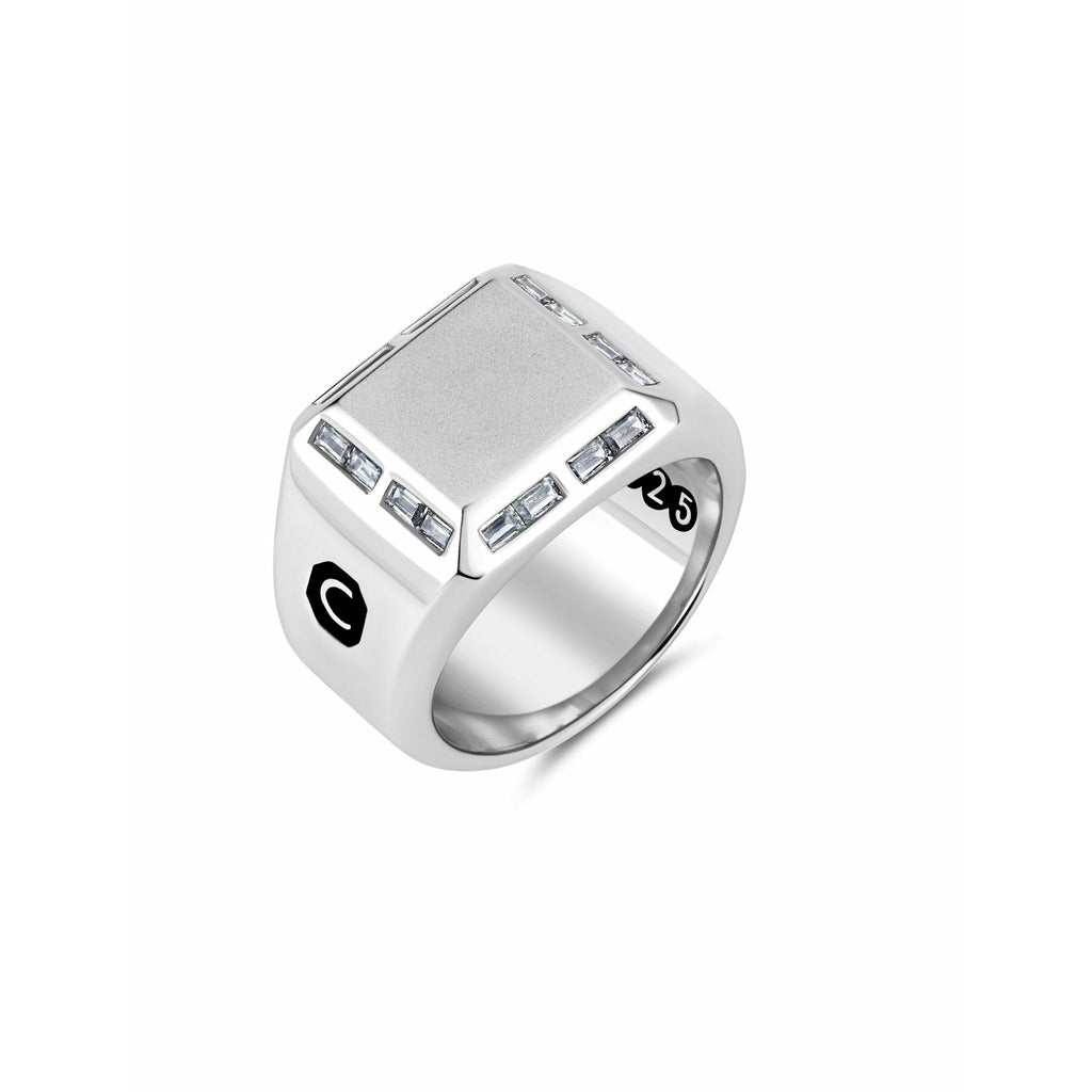 CRISLU Mens Large Signet Ring with Baguette CZ In Pure Platinum - ICE