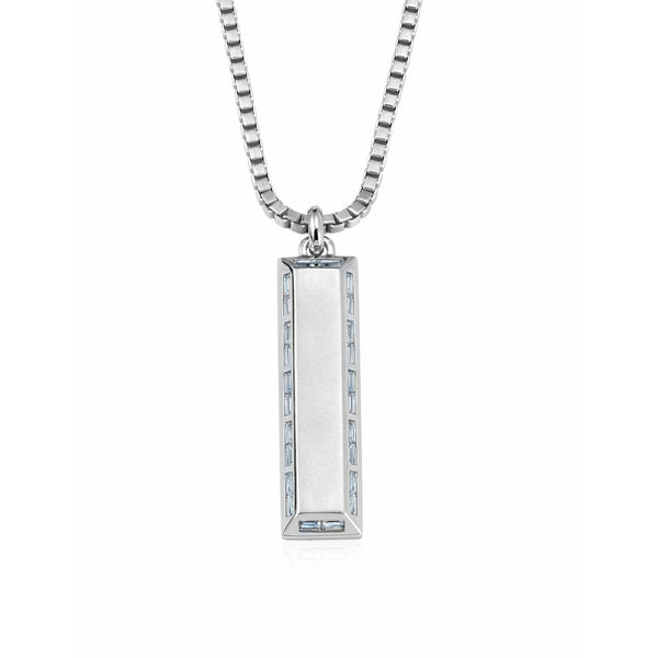 CRISLU Mens Matte Box Chain Bar Necklace with Baguette CZ In Platinum - ICE