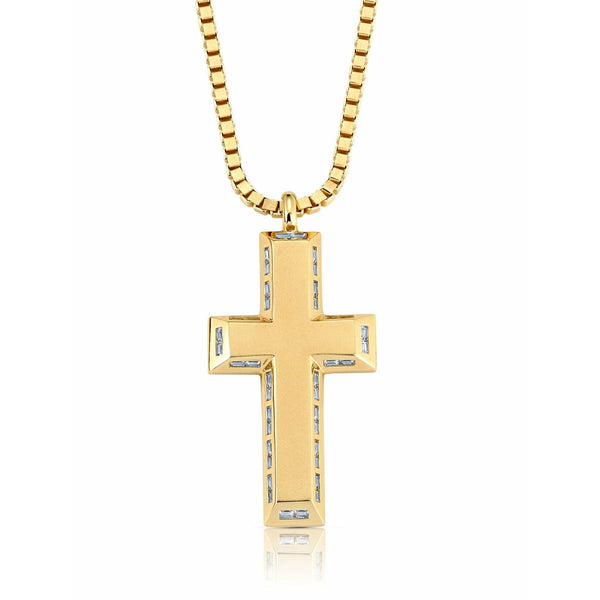 CRISLU Mens Matte Box Chain Cross Necklace with Baguette CZ In 18KT Yellow Gold - ICE