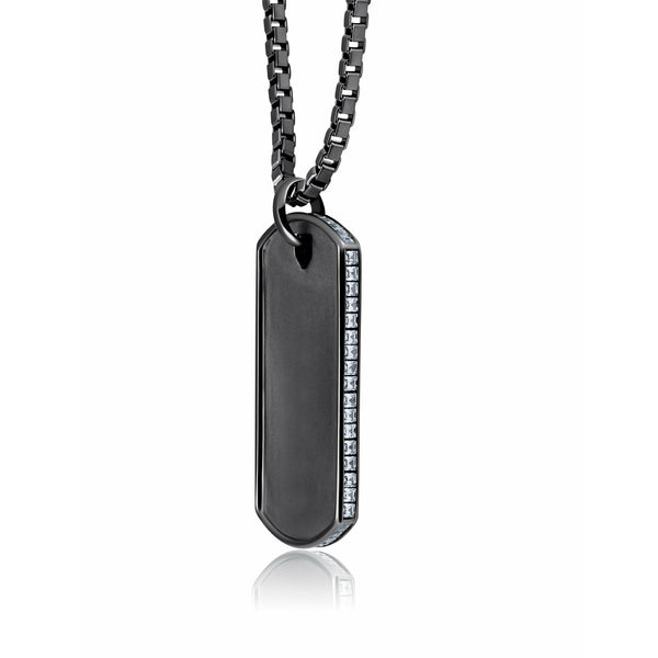 Crislu Mens Matte Box Chain Dog Tag Necklace with Baguette CZ In Black Rhodium - ICE
