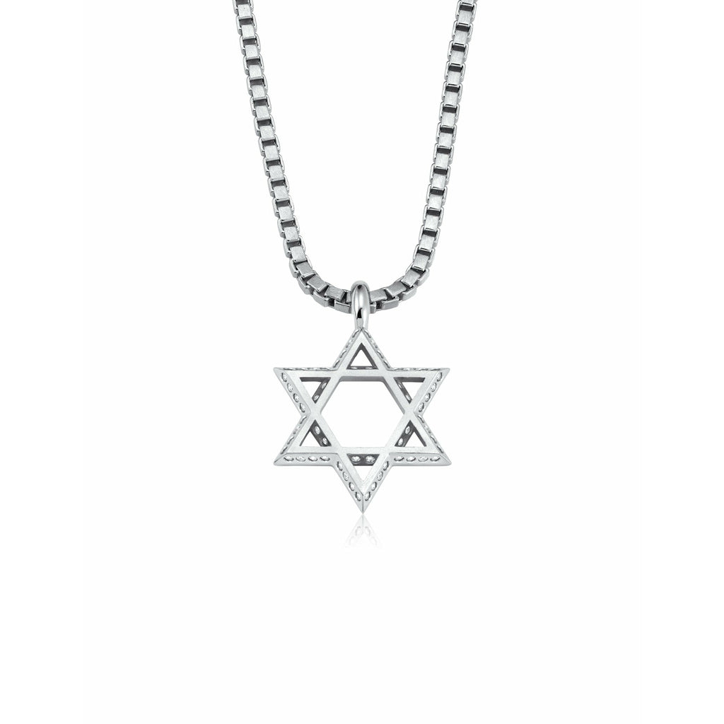 CRISLU Mens Matte Box Chain Star of David Necklace with Baguette CZ Finished in Pure Platinum - ICE