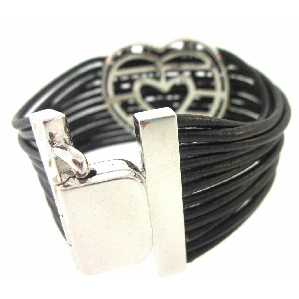 Lau International Diamond Heart Black Leather Bracelet