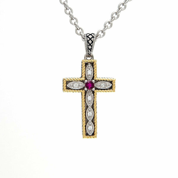 Andrea Candela 18K Silver Diamond/Ruby Cross Necklace - ICE