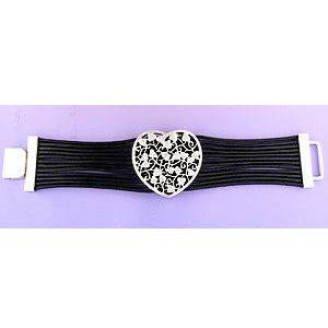 Lau International Diamond Heart Black Leather Bracelet