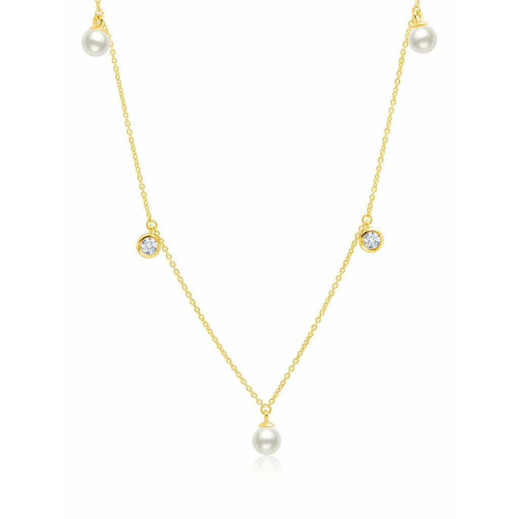 CRISLU Genuine Pearl 5 drop Necklace accented with Bezel Set Cubic Zirconia Finished in 18k Gold - ICE
