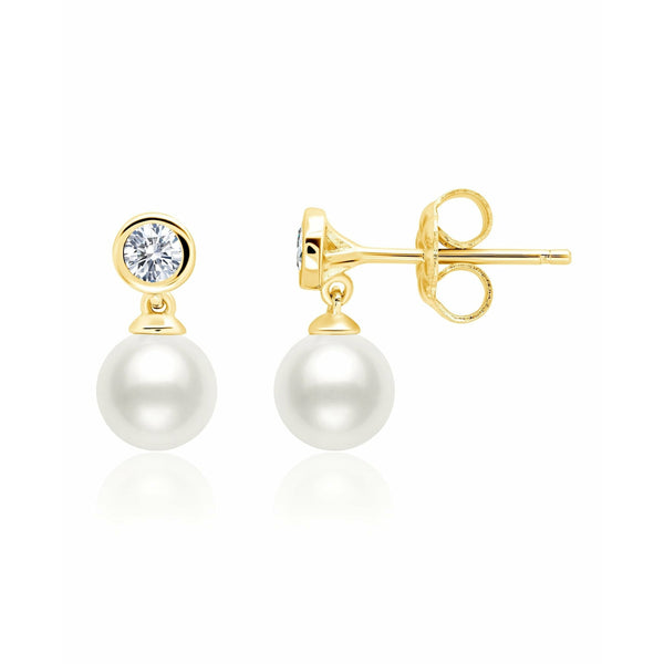 CRISLU Genuine Pearl Drop Earring with Bezel Set Cubic Zirconia Finished in 18k Gold - ICE