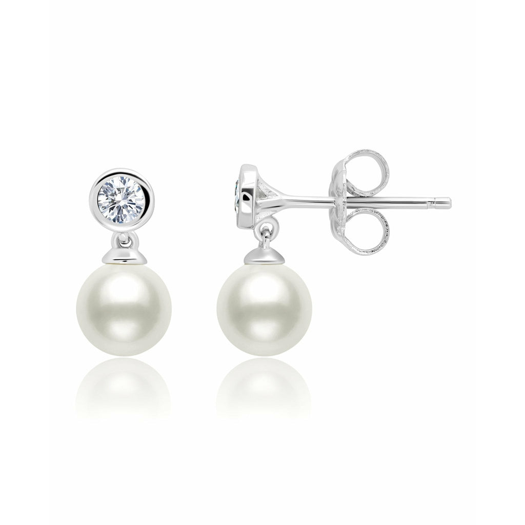 CRISLU Genuine Pearl Drop Earring with Bezel Set Cubic Zirconia In Pure Platinum - ICE