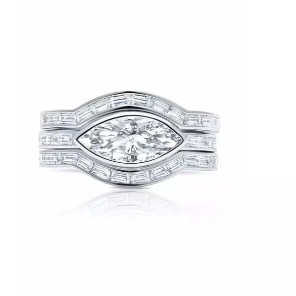 CRISLU MARQUISE SOLITAIRE W/BAGUETTE ACCENT BAND RING FINISHED IN PURE PLATINUM - ICE
