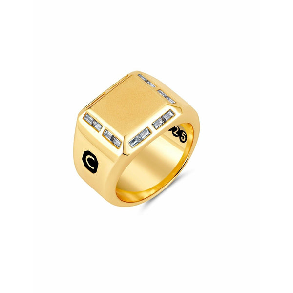 CRISLU Mens Large Signet Ring with Baguette CZ Finished in 18KT Yellow Gold - ICE
