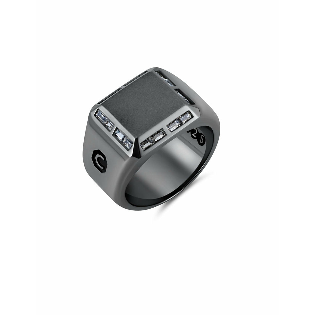 CRISLU Mens Large Signet Ring with Baguette CZ Finished in Black Rhodium - ICE