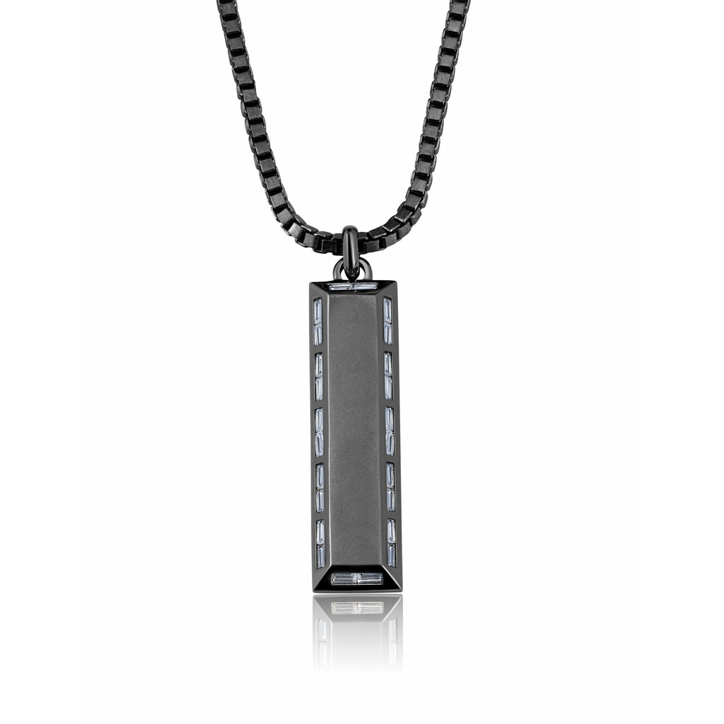 CRISLU Mens Matte Box Chain Bar Necklace with Baguette CZ In Black Rhodium - ICE