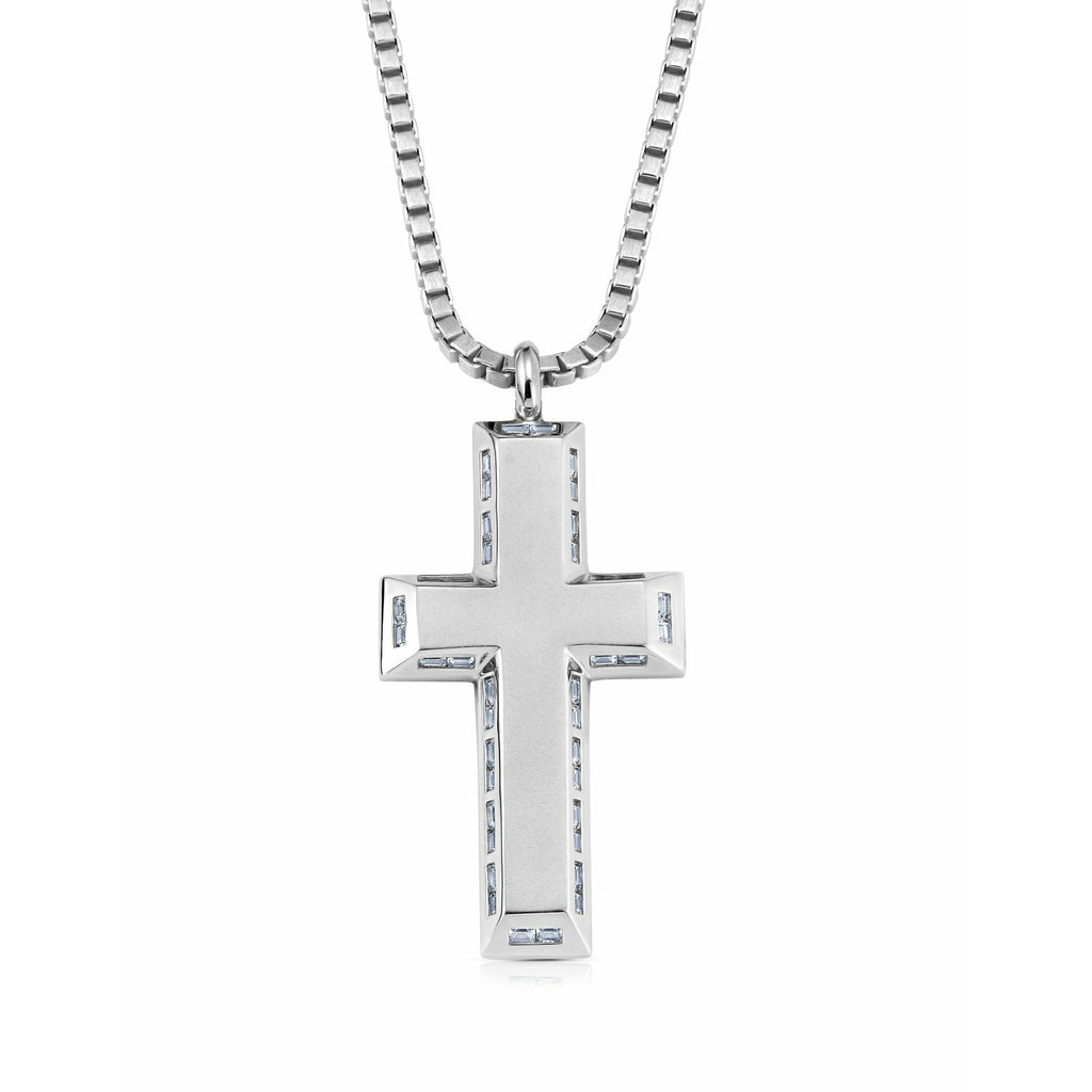 CRISLU Mens Matte Box Chain Cross Necklace with Baguette CZ Finished in Pure Platinum - ICE