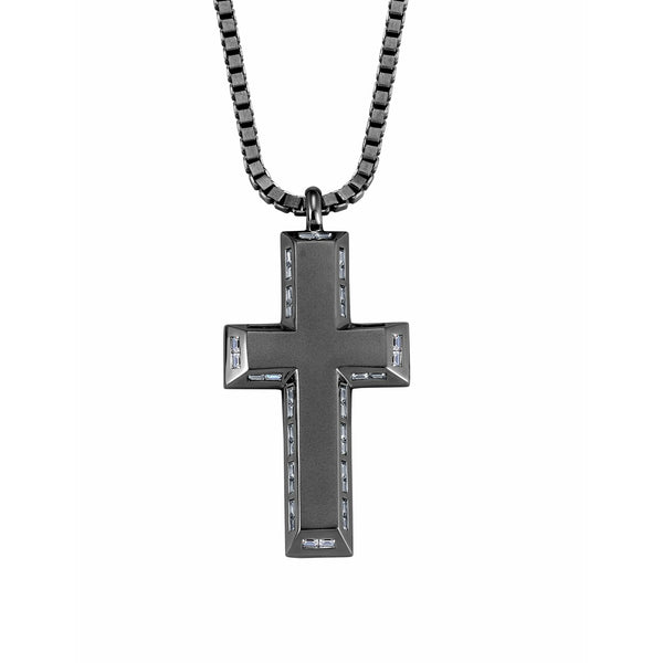 CRISLU Mens Matte Box Chain Cross Necklace with Baguette CZ In Black Rhodium - ICE