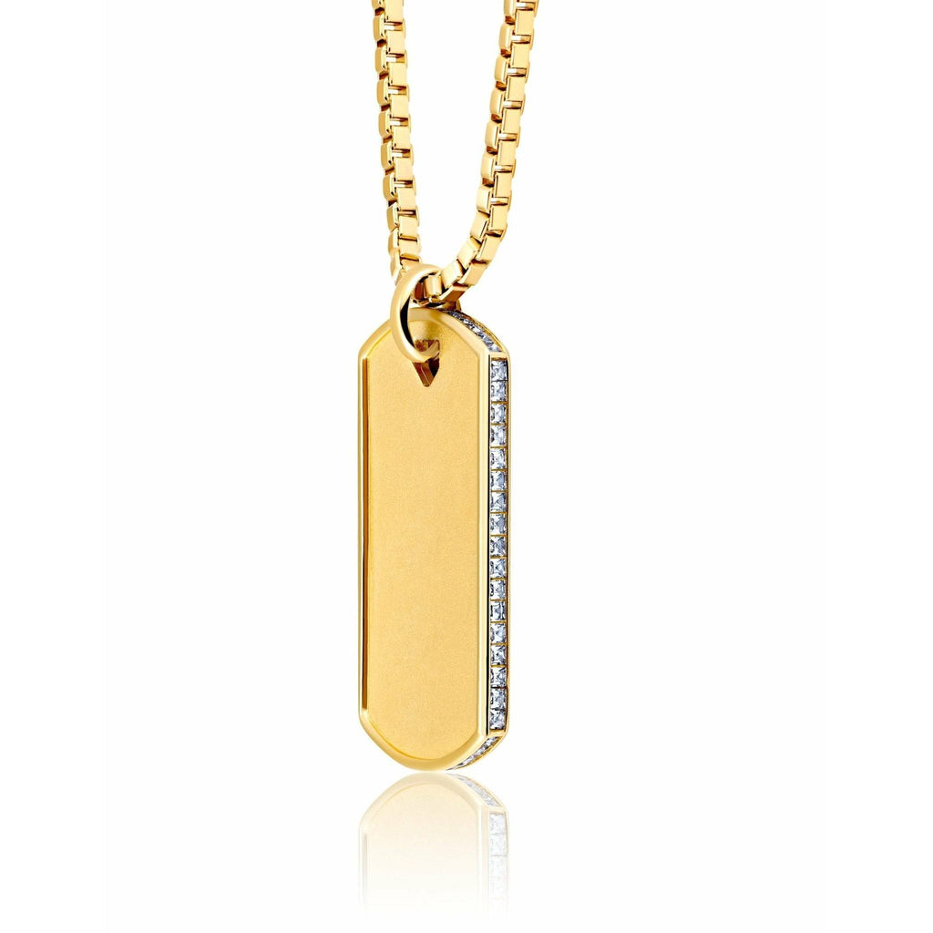 Crislu Mens Matte Box Chain Dog Tag Necklace with Baguette CZ In 18KT Yellow Gold - ICE