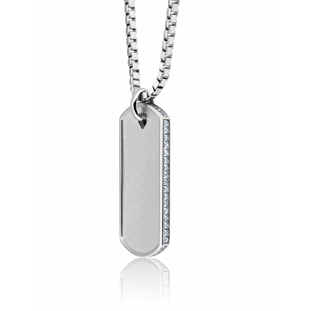 Crislu Mens Matte Box Chain Dog Tag Necklace with Baguette CZ In Platinum Finish - ICE