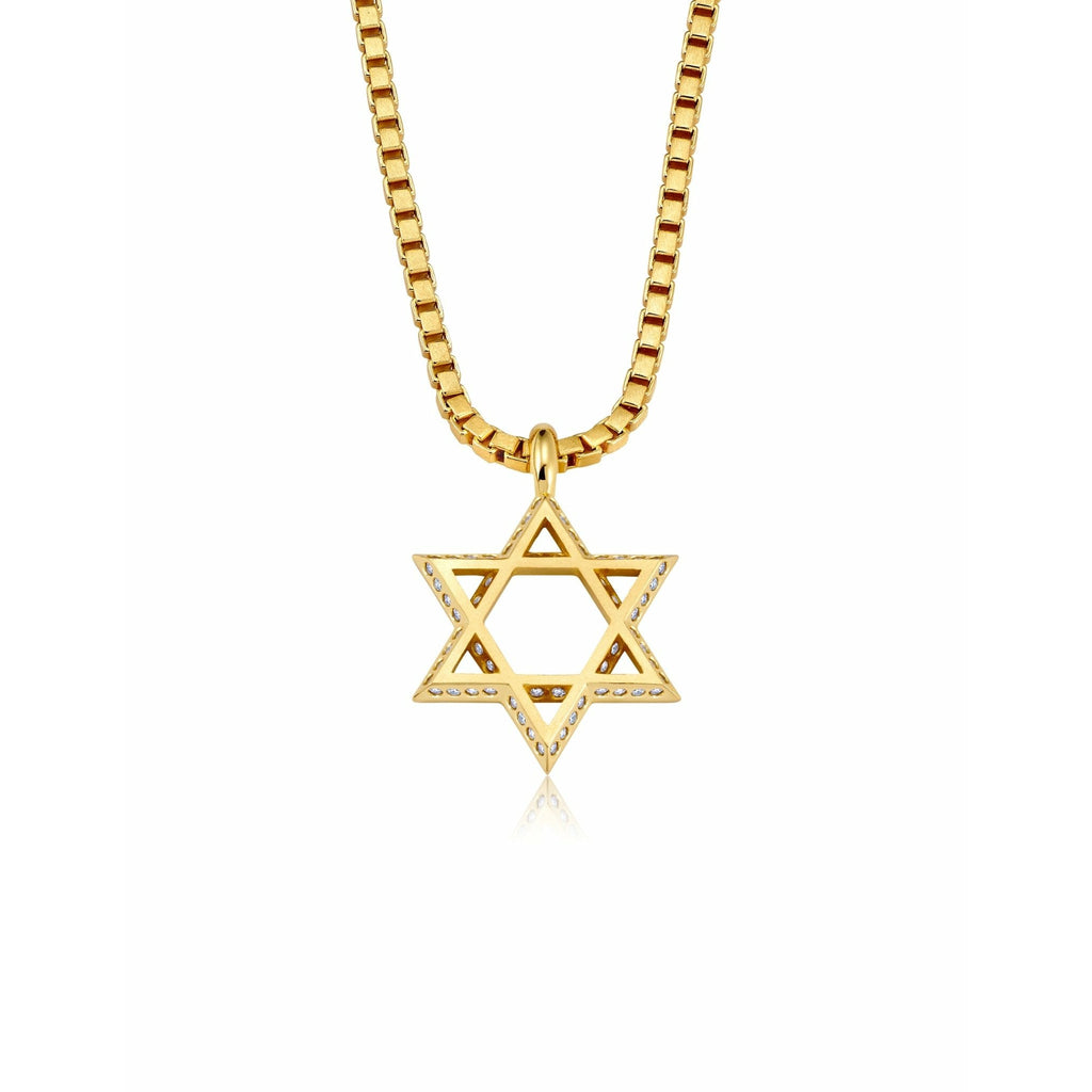 CRISLU Mens Matte Box Chain Star of David Necklace with Baguette CZ In 18KT Yellow Gold - ICE