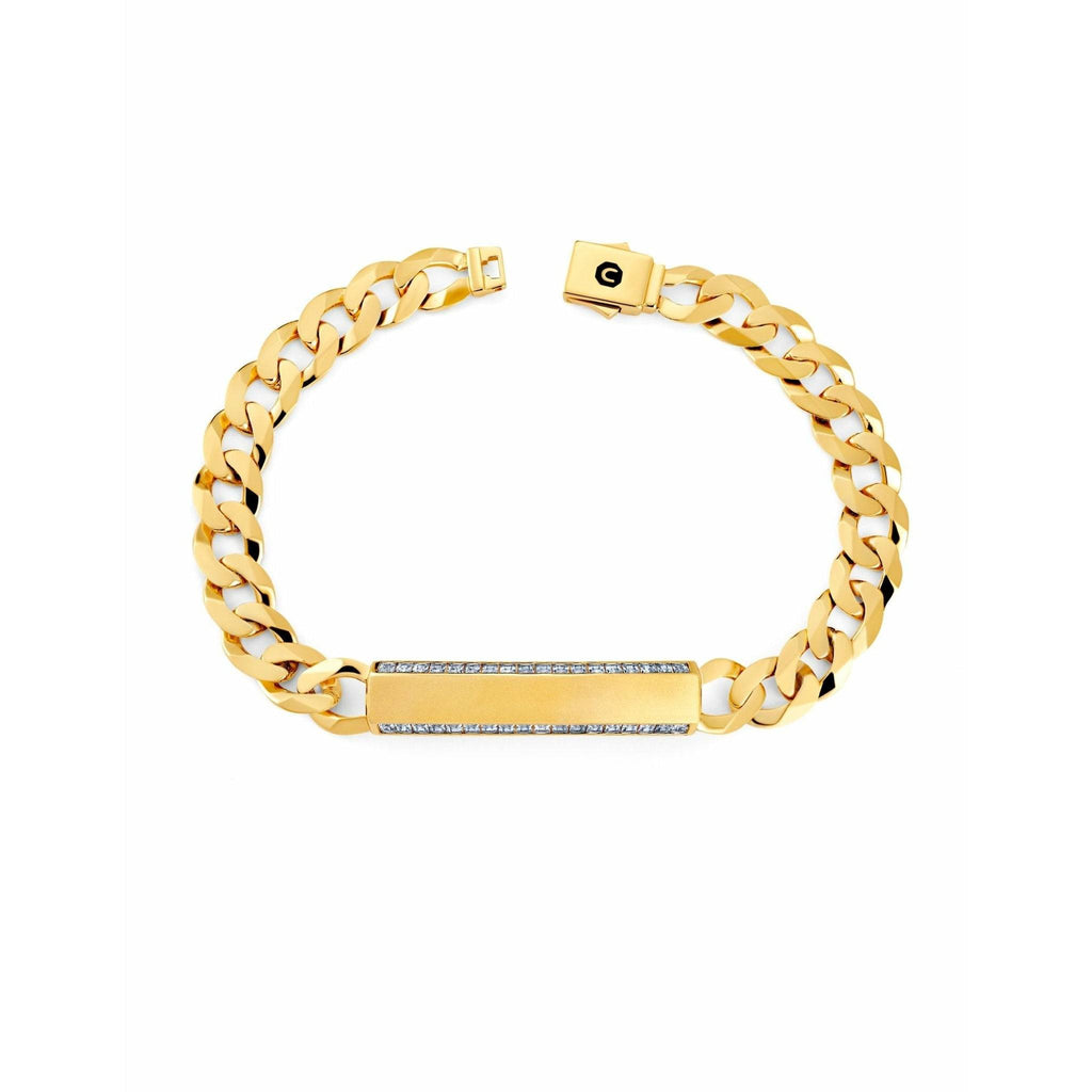 CRISLU Mens Matte Curb Chain ID Bracelet with Brilliant CZ Center In 18KT Yellow Gold - ICE