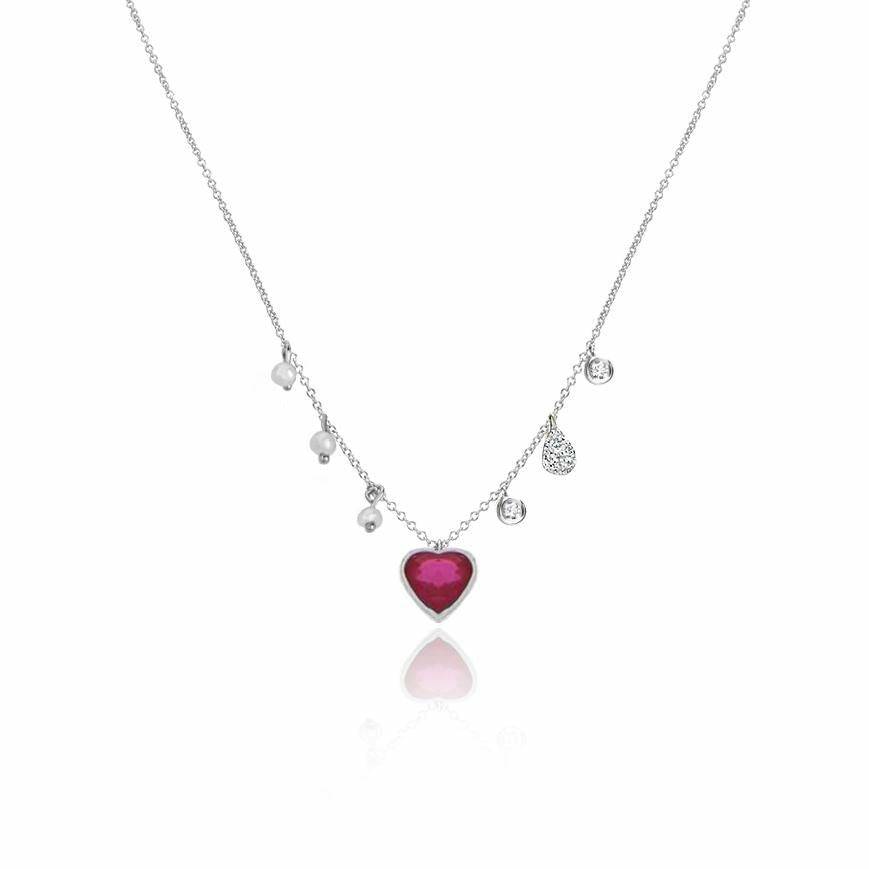 Meira T Dainty Ruby Heart and Diamond Necklace - ICE