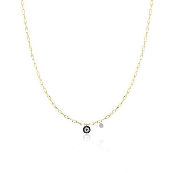 Meira T Evil Eye Necklace with Yellow Gold Paperclip Chain - ICE