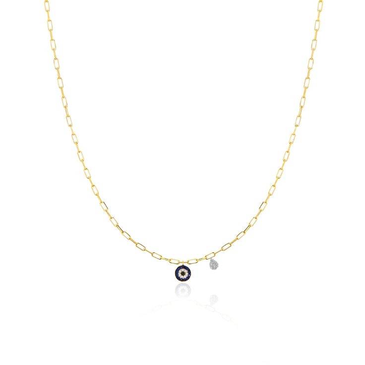 Meira T Evil Eye Necklace with Yellow Gold Paperclip Chain - ICE