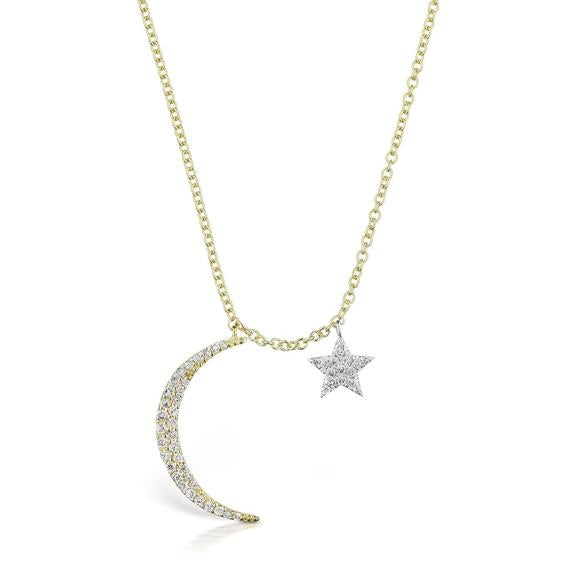 Meira T Moon & Star Pave Diamond Necklace 14K Yellow Gold -16 inches - ICE