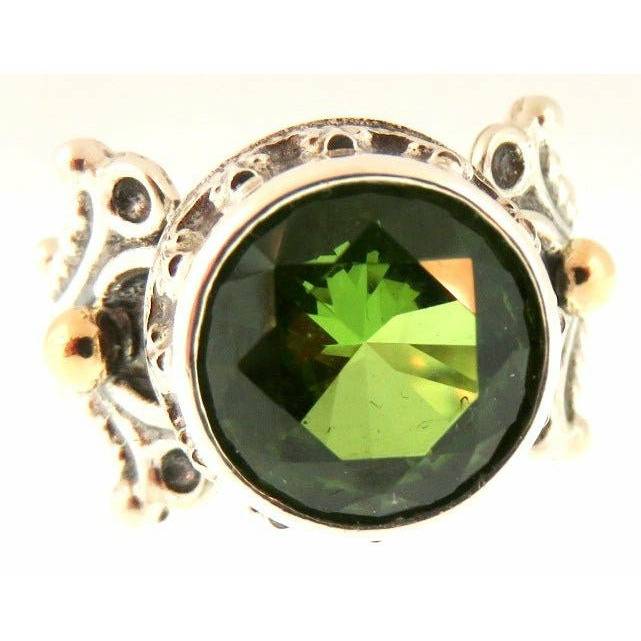 REVE Jewelry Round Peridot Ring with Fancy Crown Setting- Sterling Silver & 14kt Gold - ICE