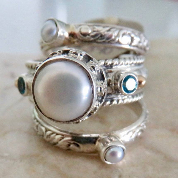 Reve Jewelry Sterling SIlver 3 Band Stackable Rings-Mabe Pearl & Gemstones - ICE