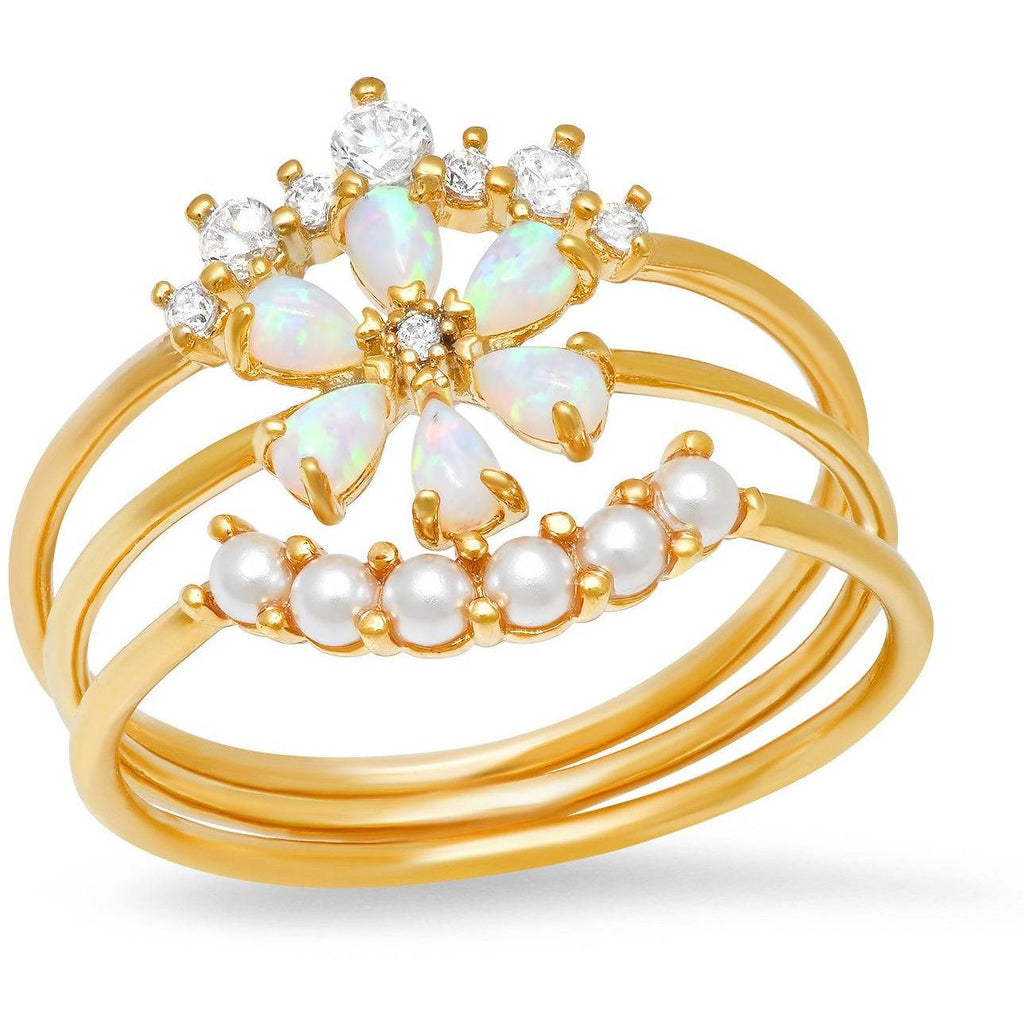 TAI GOLD DELICATE 3 STACK PEARL & OPAL RING - ICE